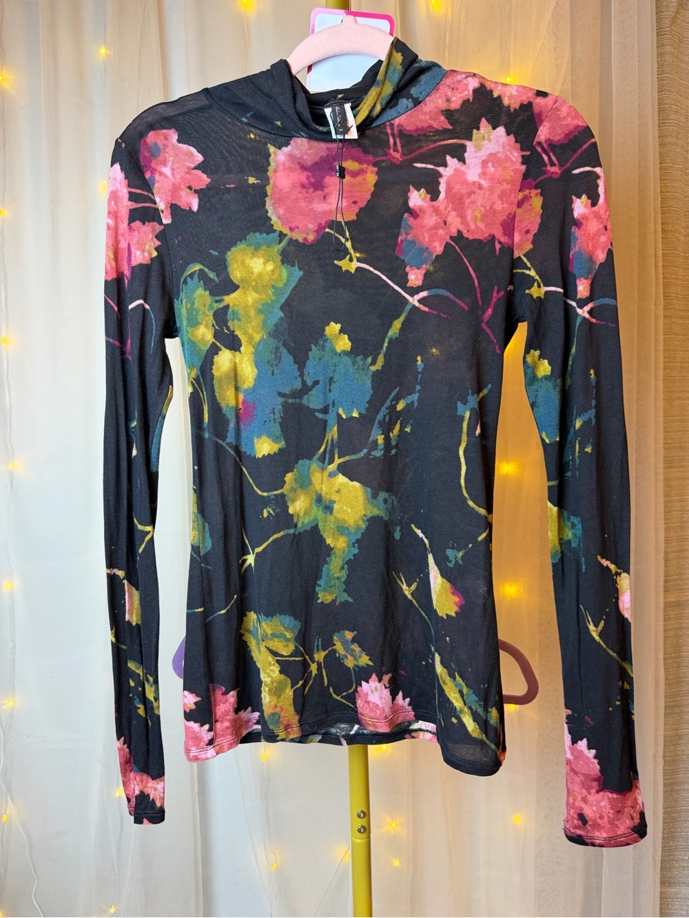 BCBGMaxAzria Black Floral Sheer Turtleneck Top - Picture 2 of 5